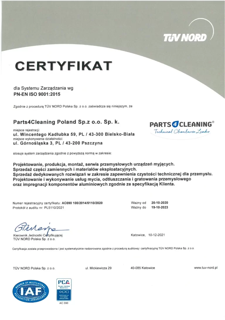 Parts4Cleaning Certyfikat ISO-9001