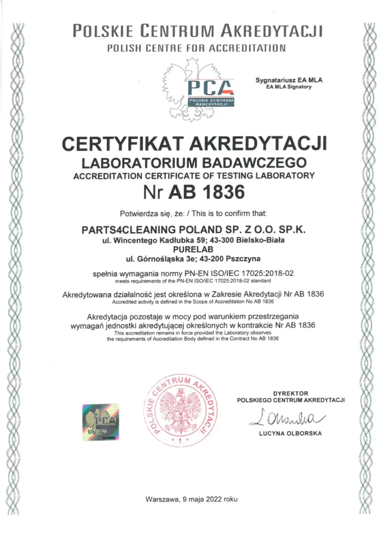 Certyfikat akredytacji Parts4Cleaning
